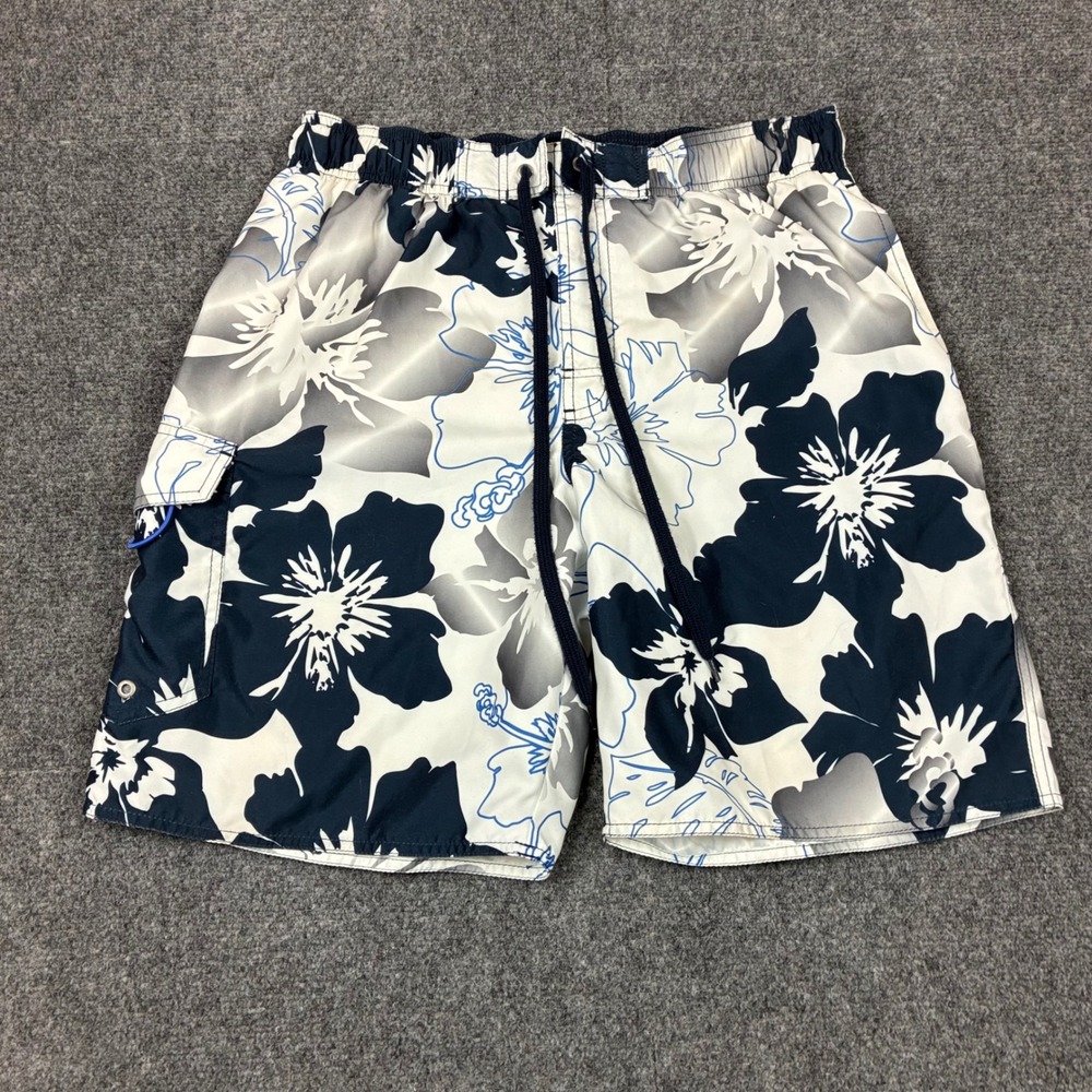 Newport Blue Mens Hibiscus Floral Swim Trunks Navy White Cargo Size Medium